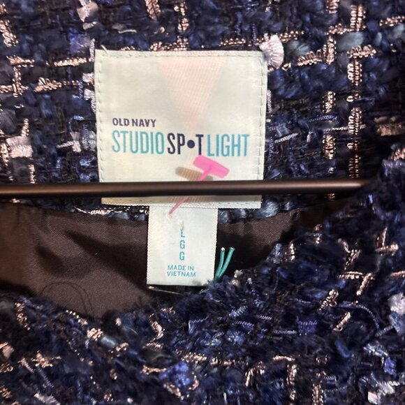 Old Navy Studio Spotlight Womens Tweed Jacket Navy & Metallic Gold Plaid Button- - Picture 2 of 6